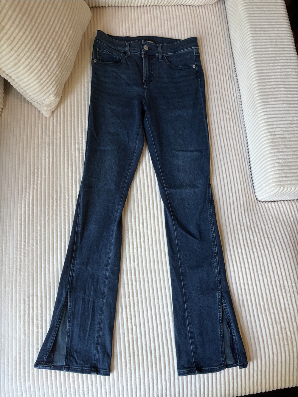 Express Dark Blue Flare Jeans with Hem Slits